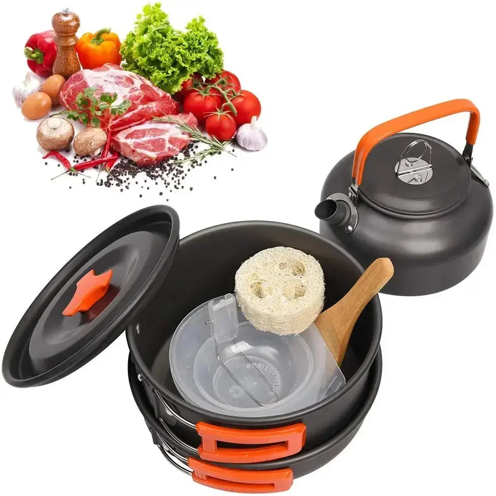 Complete Camping Cookware Set Portable Outdoor Cooking Kit with Pot Pan Kettle Bowl