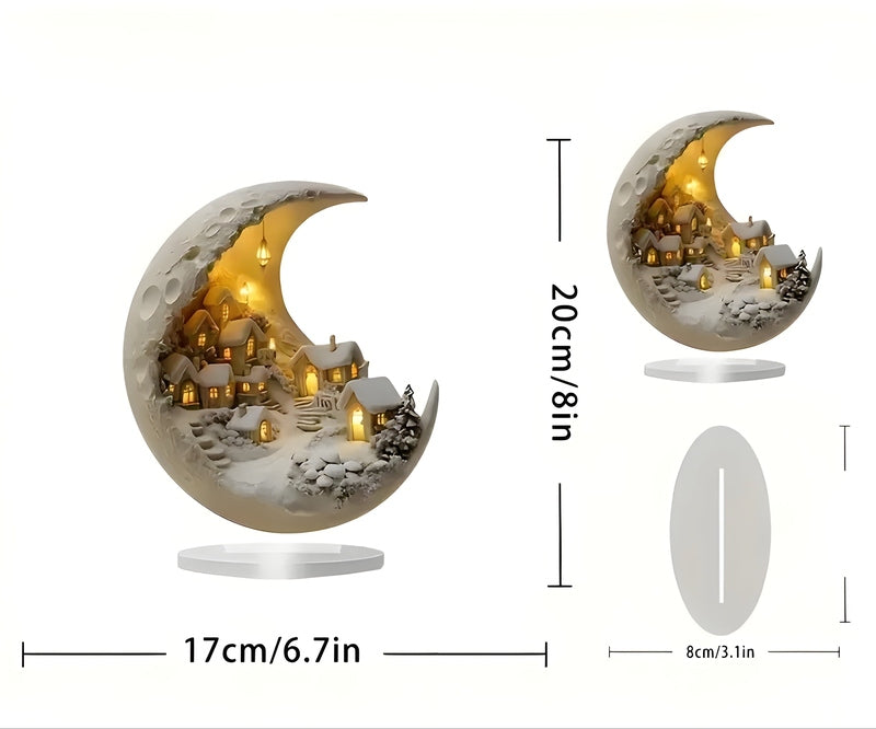 Crescent Moon Village LED Night Light Decorative Moon Lamp with Mini Village Scene