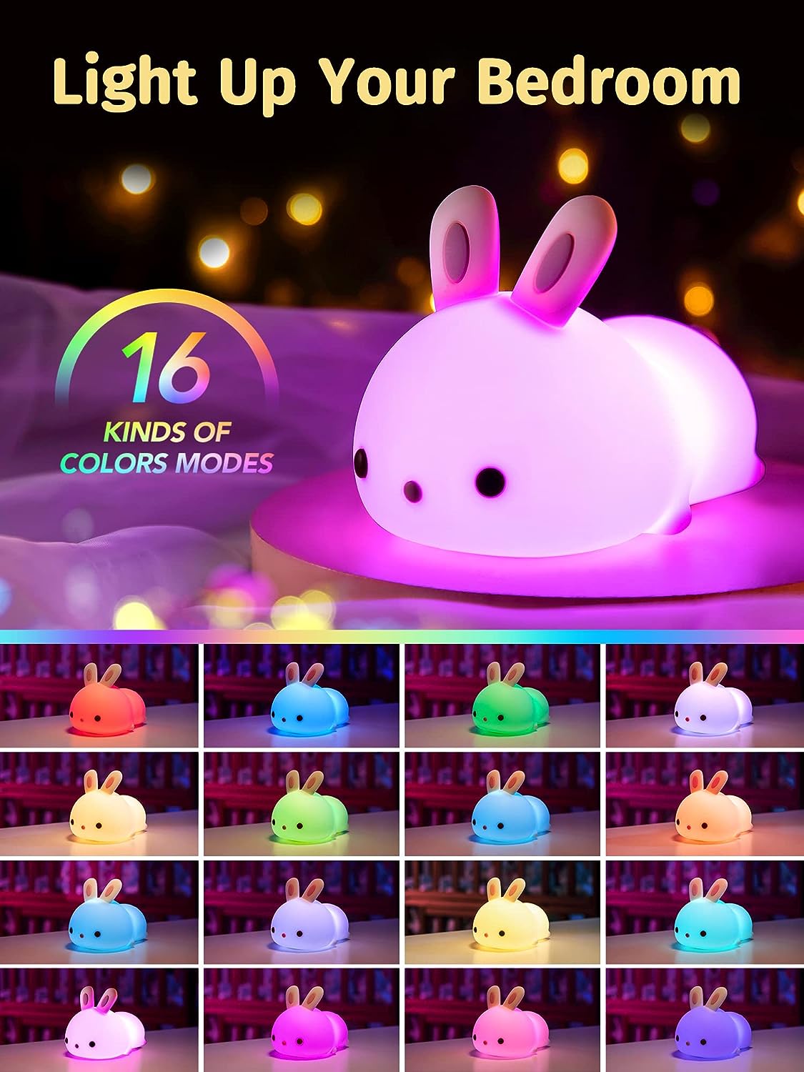 Cute Bunny Night Light for Kids Color Changing LED Touch Lamp Rechargeable
