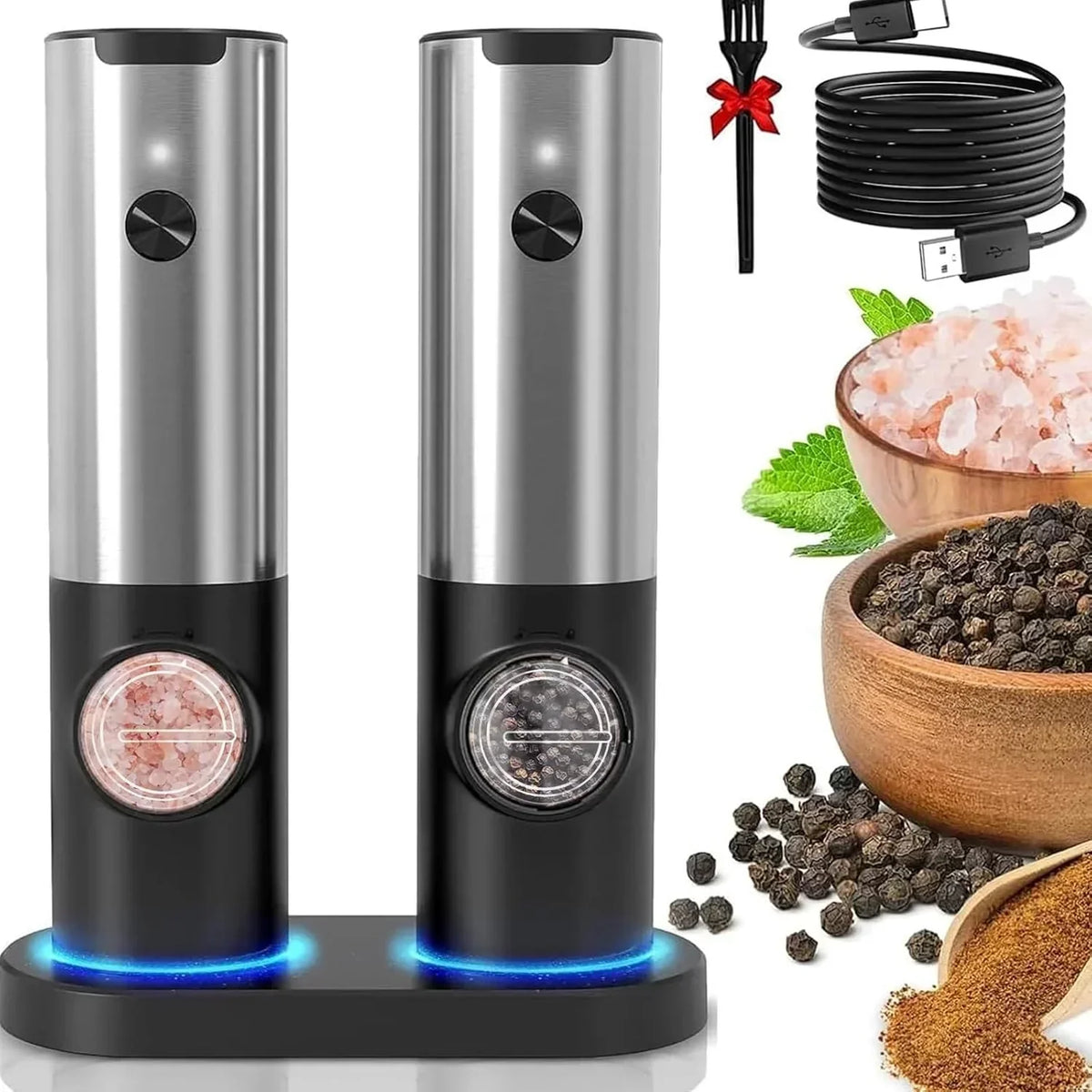 Electric Salt Pepper Grinder Rechargeable Stainless Steel Adjustable Mill