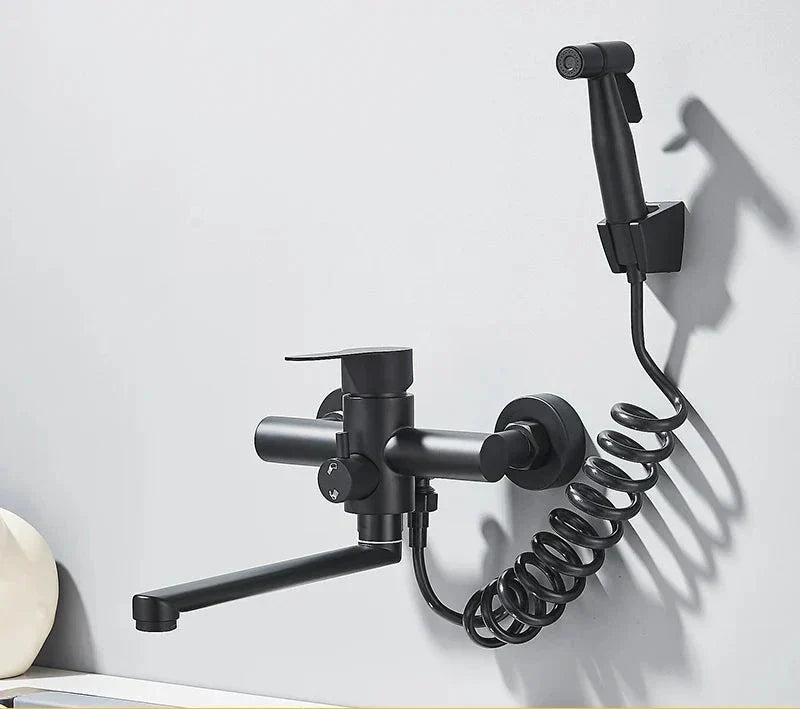 Elegant Dual Hole Wall Mounted Mixer Tap with 360 Degree Swivel Spray