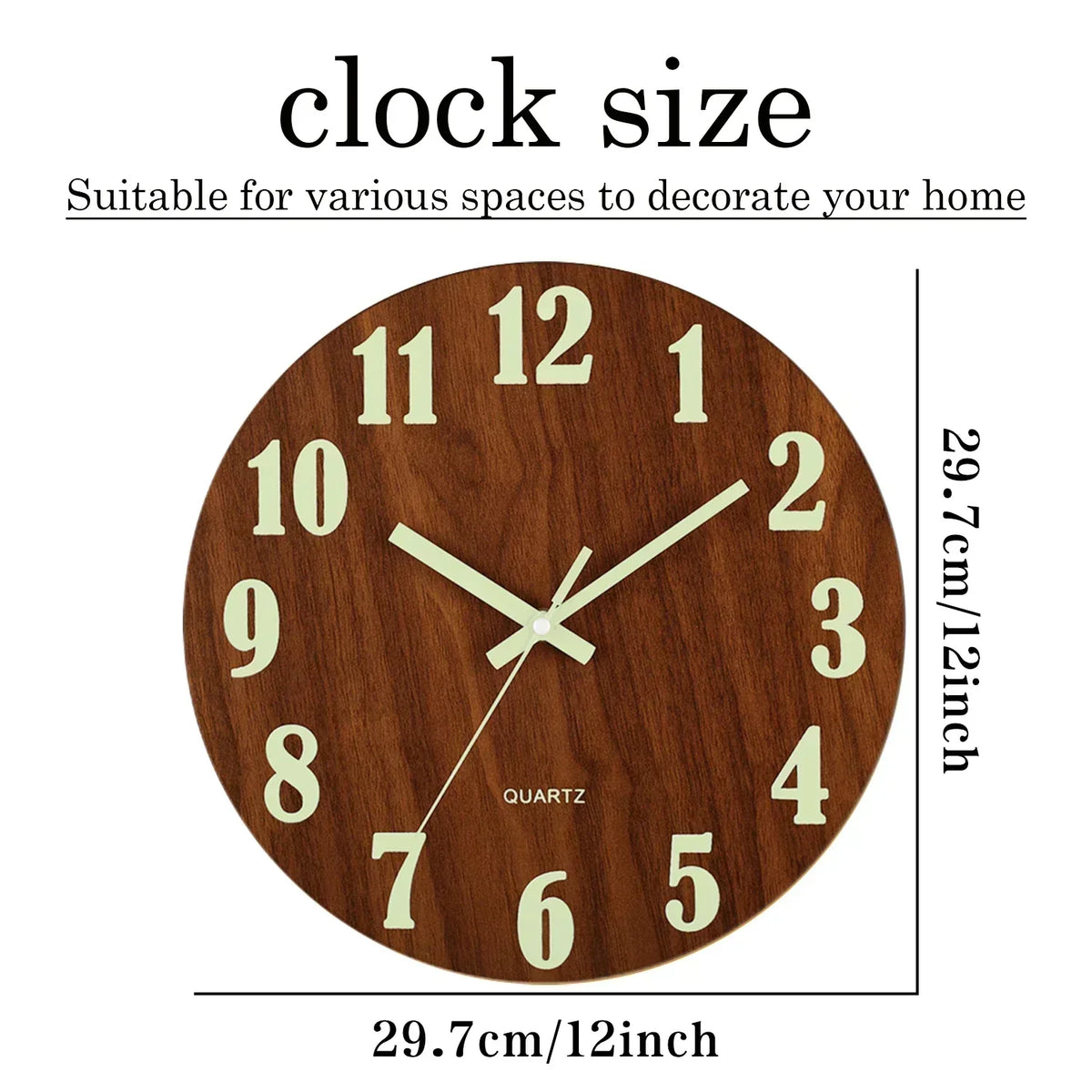 Glow In Dark Wall Clock Wooden Silent Non Ticking Home Clock