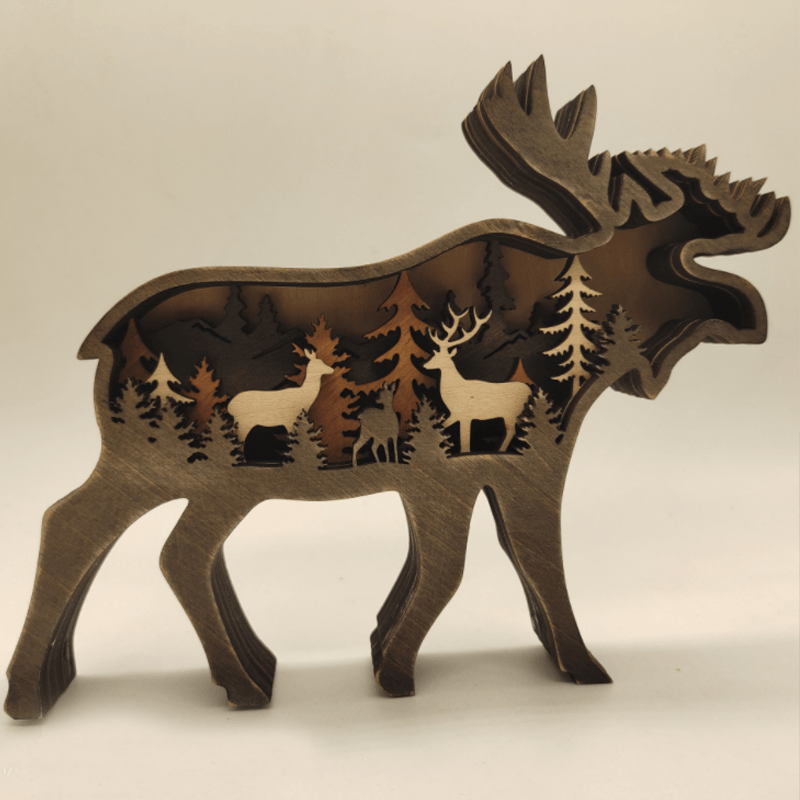 Handcrafted 3D Wooden Animal Sculpture Layered Carved Wood Art Decor for Home Office