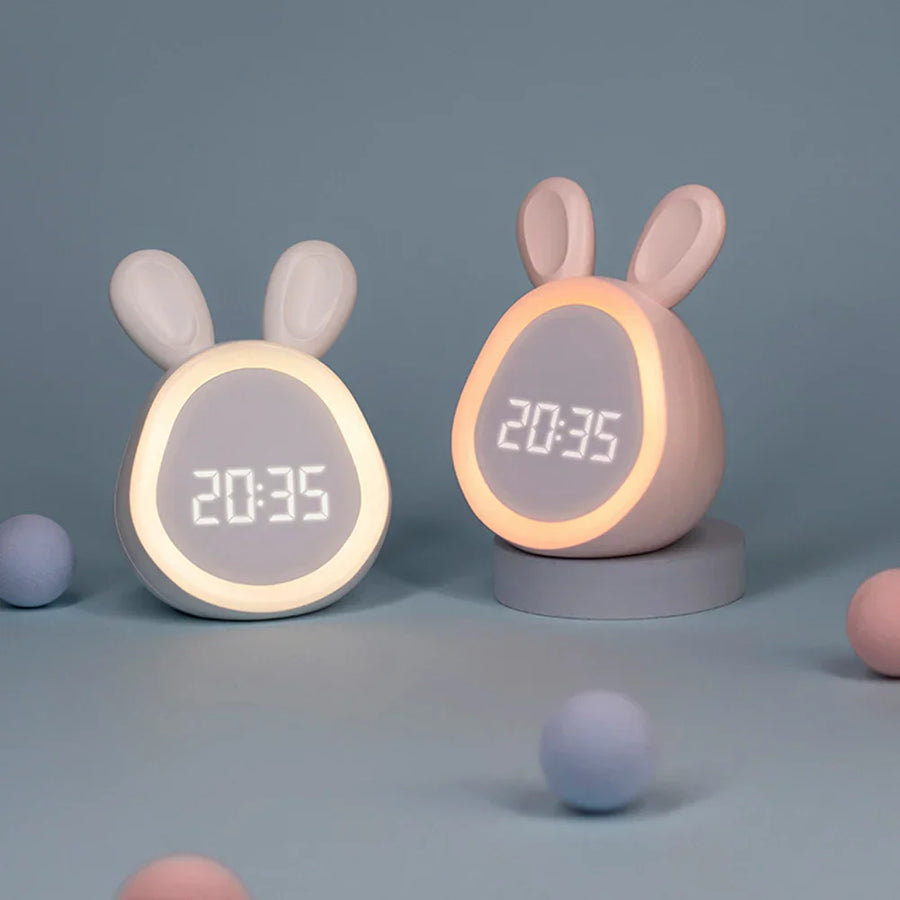 Kids Bunny Alarm Clock with Adjustable LED Night Light Cute Rabbit Bedside Lamp