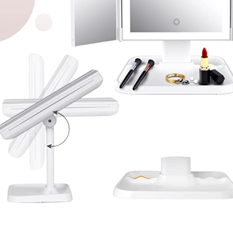 LED Makeup Mirror with Magnification Adjustable Light Storage Organizer
