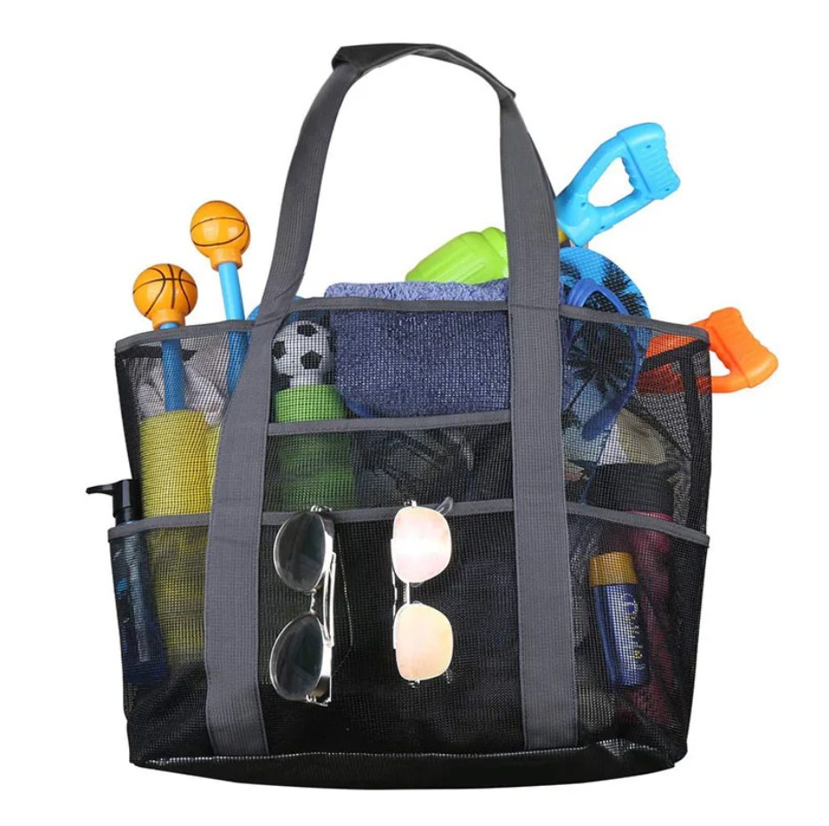 Large Beach Tote Bag 8 Pocket Mesh Beach Bag Towels Toys Swim Essentials