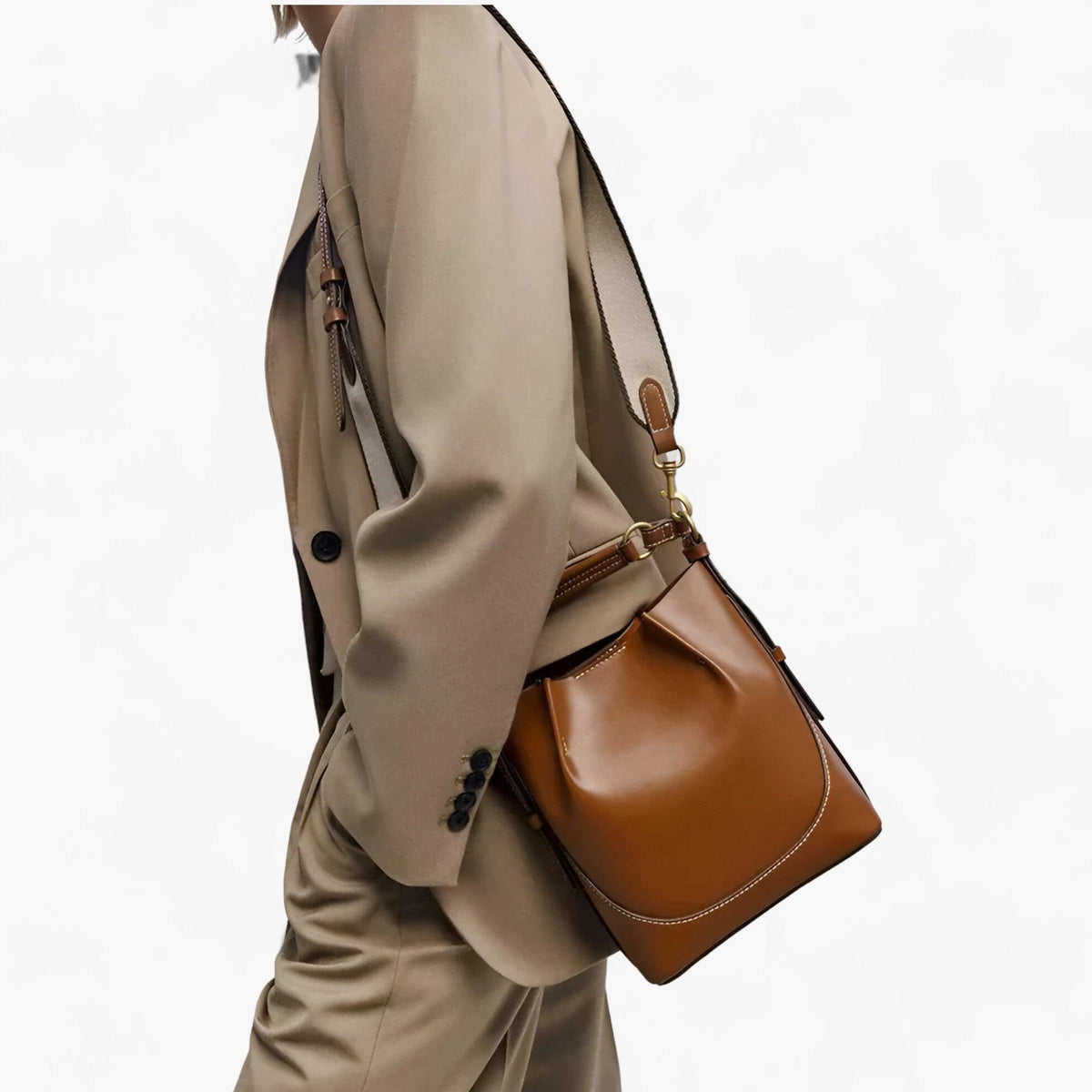 Large Capacity Bucket Shoulder Bag Wide Strap Crossbody Tote Stylish Everyday Handbag