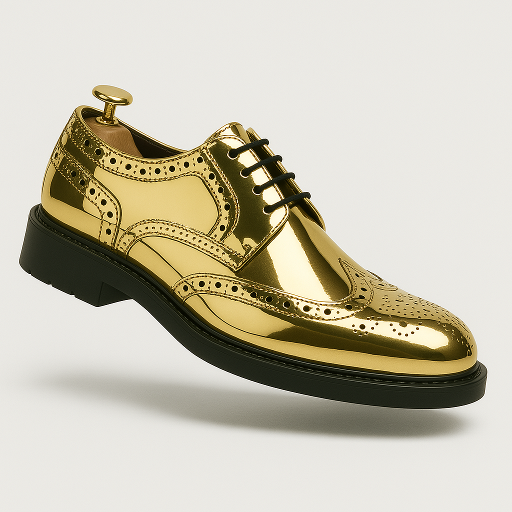 Men Metallic Brogue Lace Up Shoes High Shine Oxford Style Chunky Sole Dress Shoes