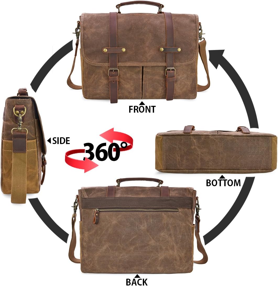 Men's Waterproof Canvas Shoulder Bag Laptop Briefcase Vintage Work Messenger 15.6 Inch Brown