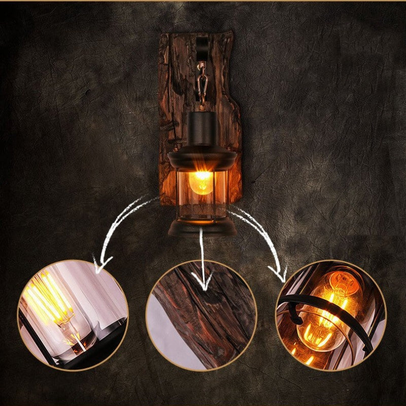 Modern Glass Cylinder Wall Light with Wooden Base Decorative LED Wall Lamp