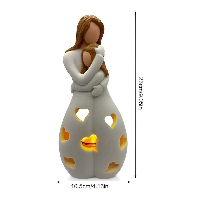 Mother Daughter Statue Candle Holder Decorative Family Love Sculpture with Flickering Candle Light