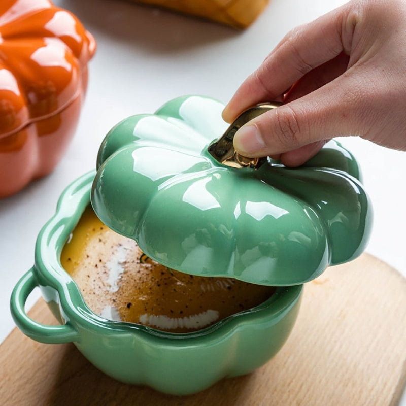Pumpkin Shaped Ceramic Baking Dish With Lid Decorative Oven Safe Casserole