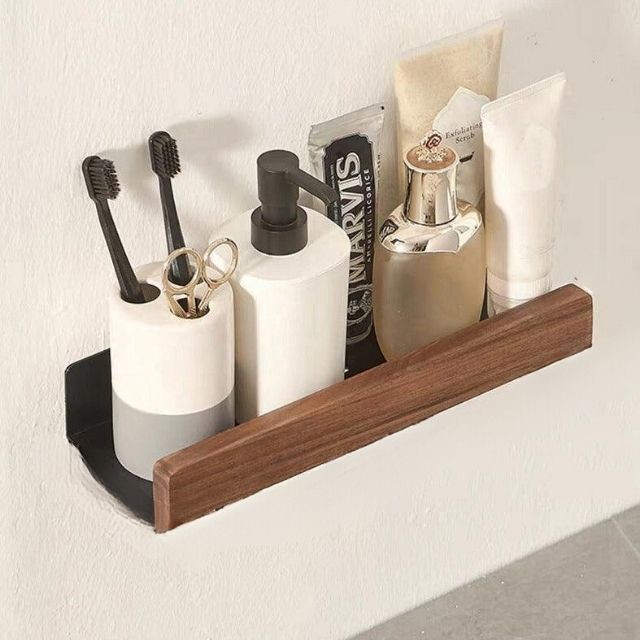 Solid Wood Bathroom Organizer Shelf No Drill Storage Solution