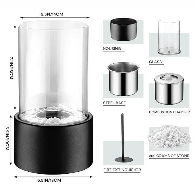 Tabletop Ethanol Fireplace Black Metal Base Glass Cylinder