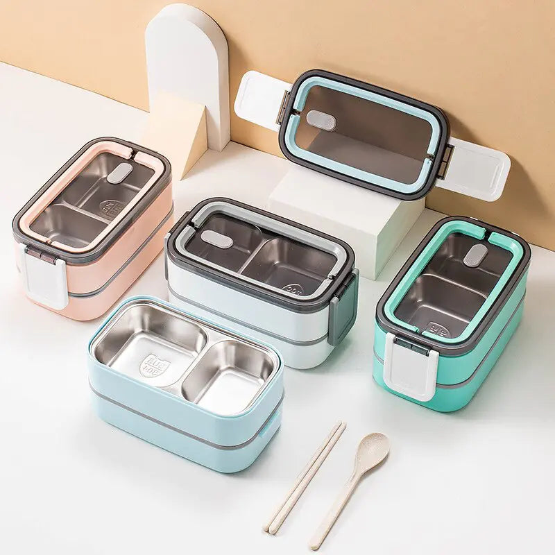 Two Tier Compact Lunch Box with Secure Clip Leak Resistant Food Storage Container