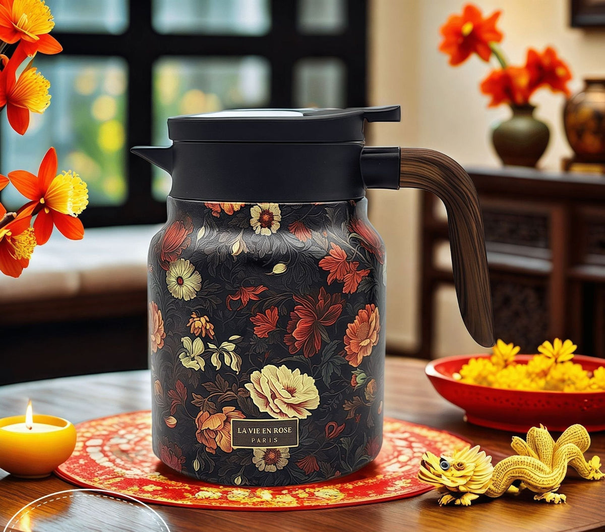 Vintage Floral Tea Thermos Flask Insulated Tea Carafe with One Hand Pour