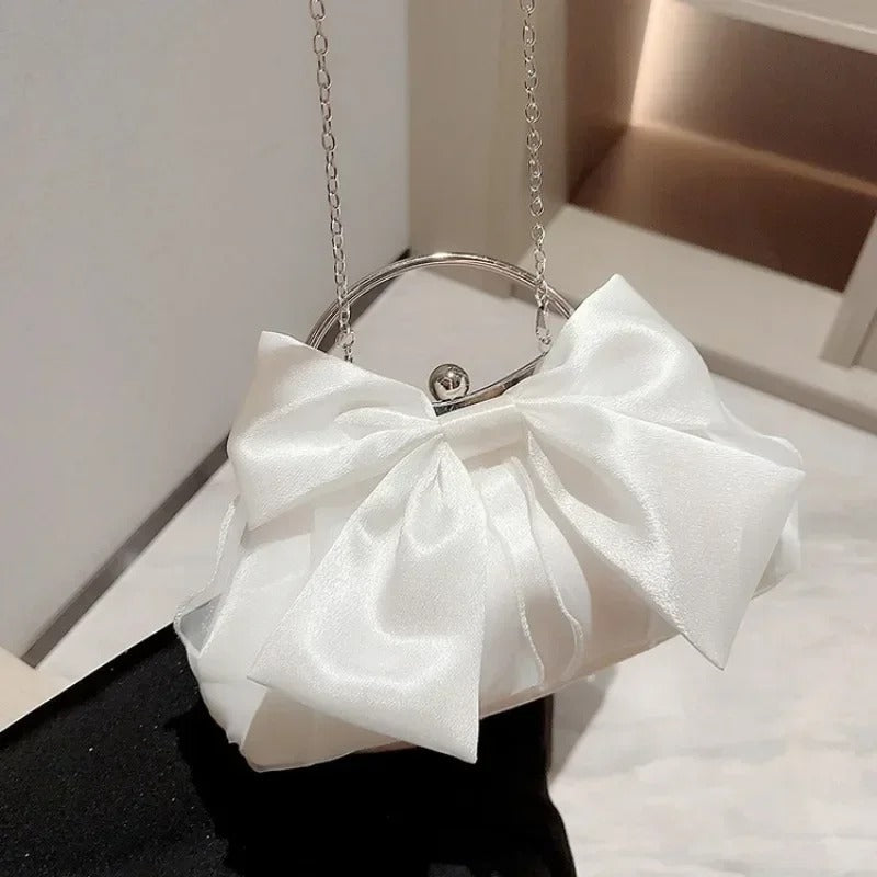 Women Lightweight Handbag Bow Detail Chain Shoulder Strap Crossbody Evening Purse