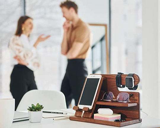 Wooden Phone Charging Station Desk Organizer Stand Bedside Nightstand Storage Holder