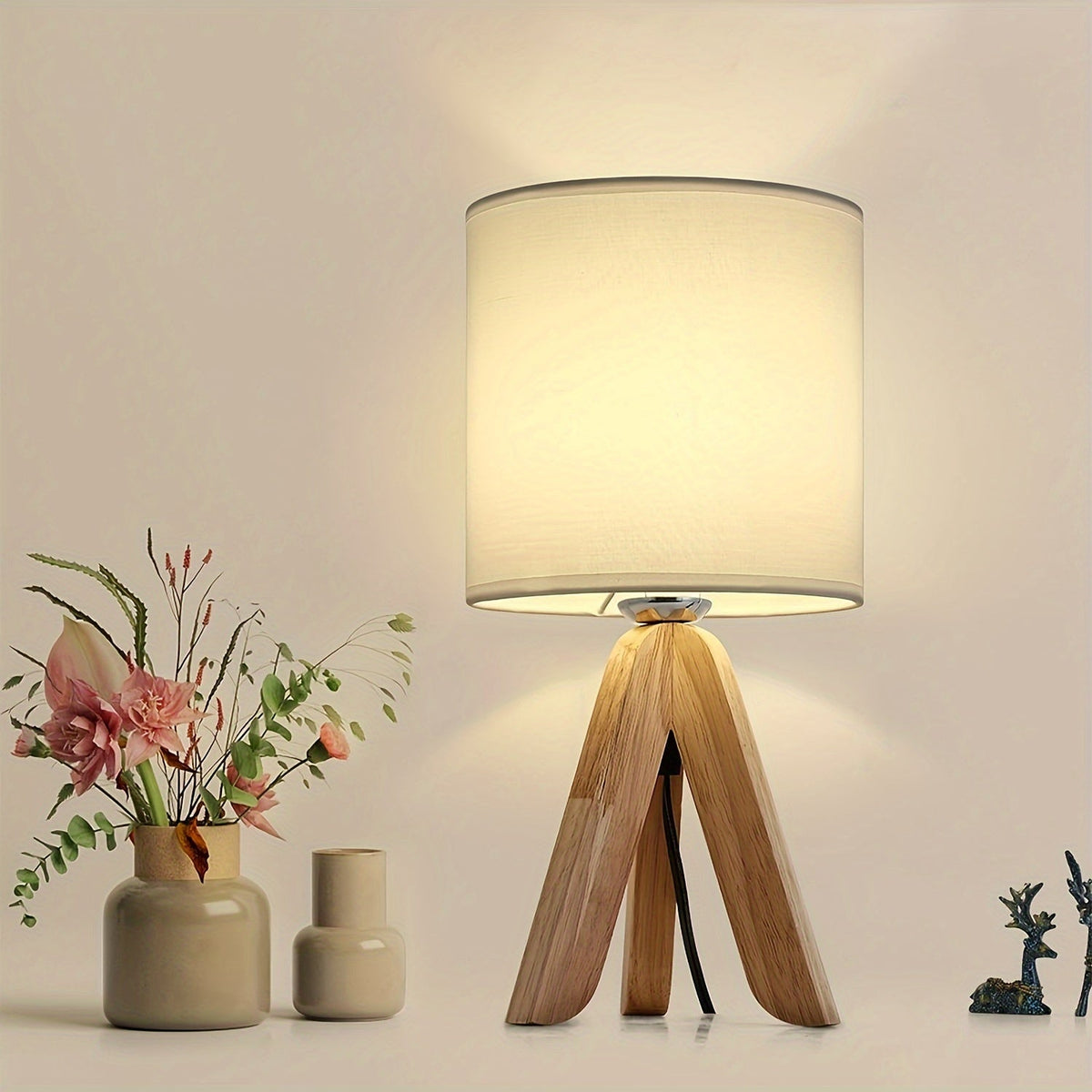 Wooden Tripod Table Lamp Modern Home Lighting Bedside Living Room Decor