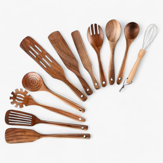 11 Piece Wooden Kitchen Utensil Set Natural Cooking Utensils Non Stick Safe Wooden Cooking Tools