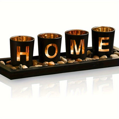 4-Piece Glass Tealight Holder Set Wooden Tray Home Decor Centerpiece
