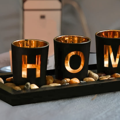 4-Piece Glass Tealight Holder Set Wooden Tray Home Decor Centerpiece