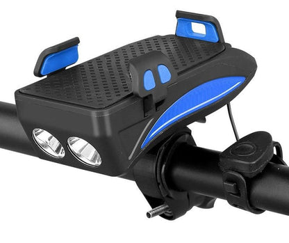 4-in-1 Bike Phone Holder with Power Bank, LED Bike Light & Horn – Shockproof Handlebar Mount