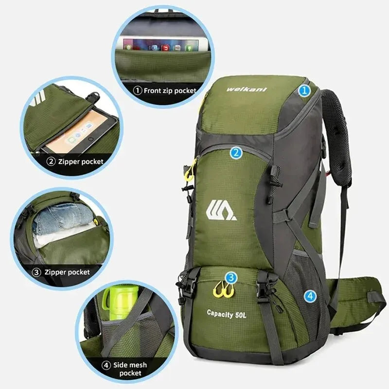 50L Waterproof Nylon Backpack – Large Capacity Camping and Hiking Rucksack