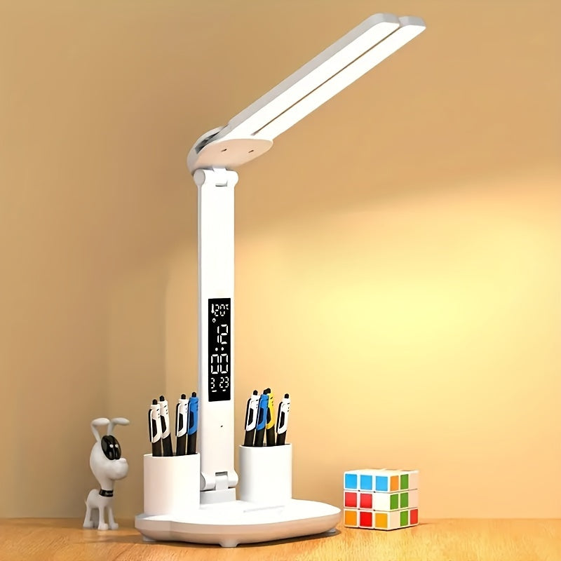 Adjustable LED Desk Lamp with Digital Clock Temperature Display and USB Charging