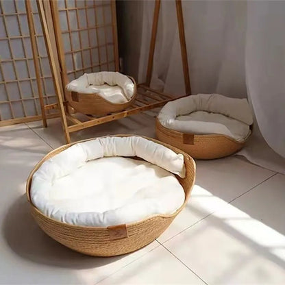 Bamboo Pet Bed Basket Breathable Natural Design for Cats Small Dogs