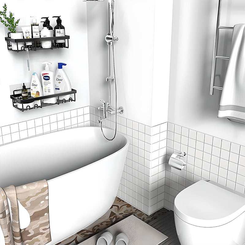 Bathroom Shower Shelf Organizer Wall Mounted Storage Rack with Adhesive Installation and Hooks