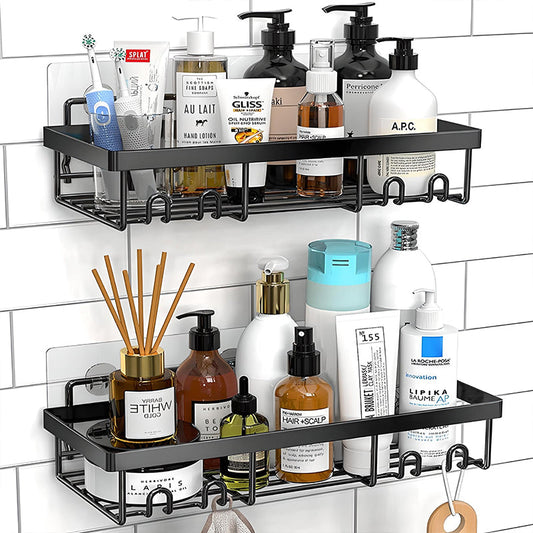 Bathroom Shower Shelf Organizer Wall Mounted Storage Rack with Adhesive Installation and Hooks