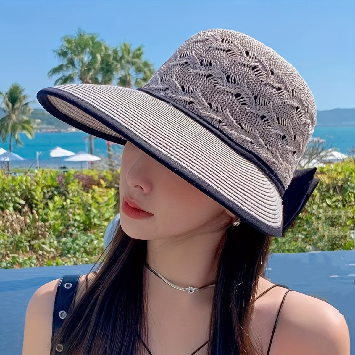 Braided Summer Sun Hat Wide Brim Bow Detail Foldable