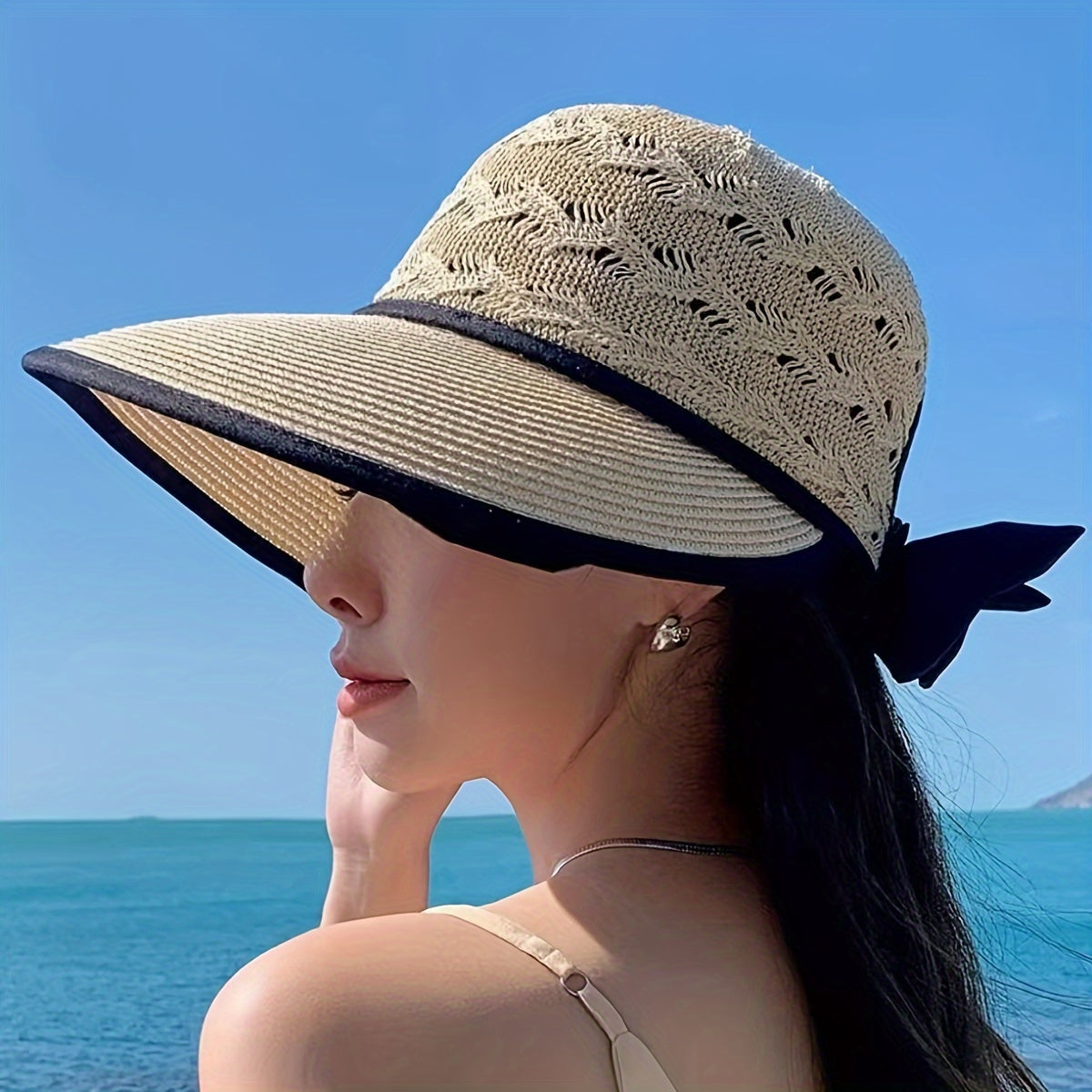 Braided Summer Sun Hat Wide Brim Bow Detail Foldable