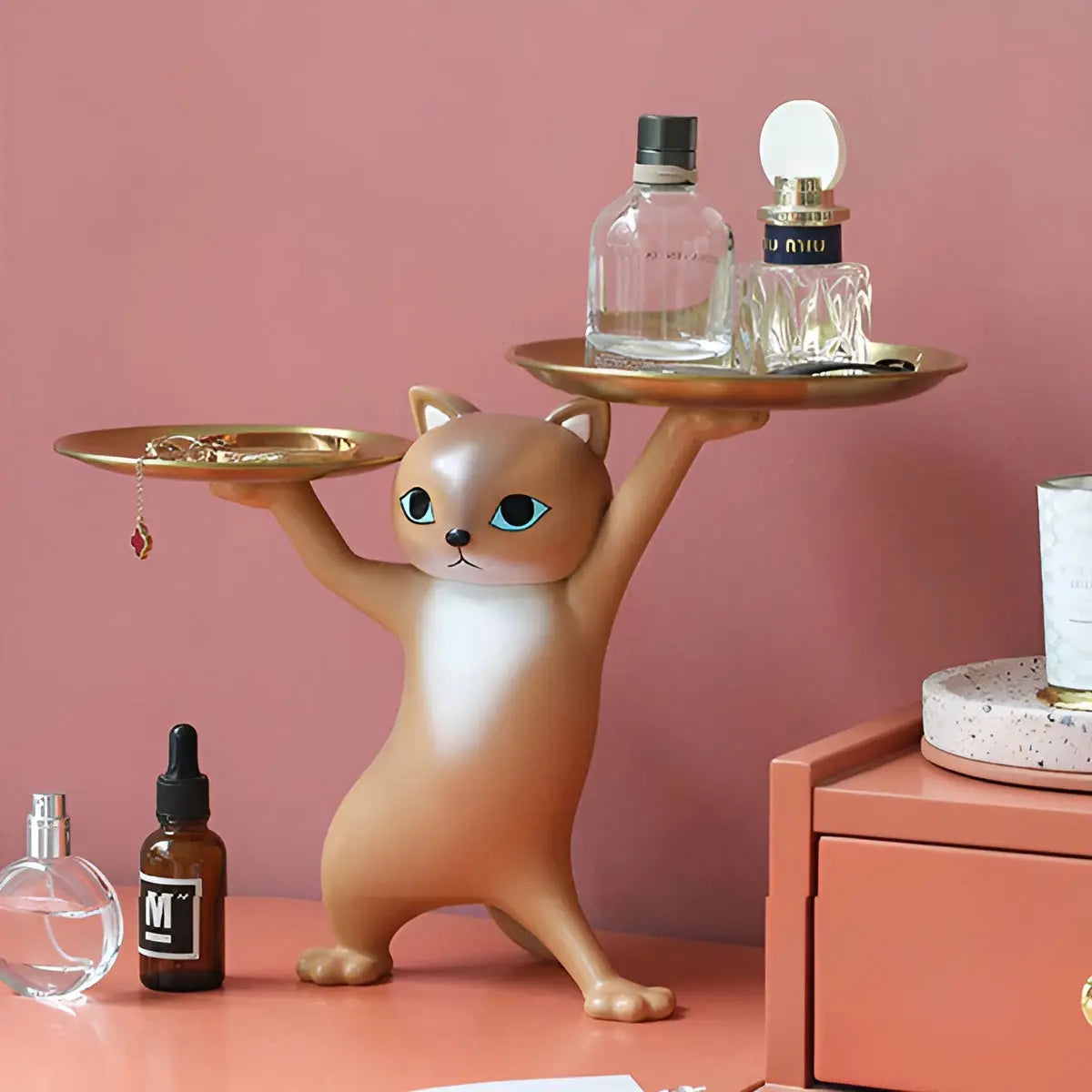 Cat Key Holder Tray Decorative Cat Statue Hook Jewelry Organizer Entryway Table Decor