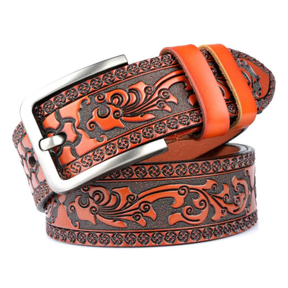 Classic Embossed Leather Belt with Elegant Pin Buckle for Men