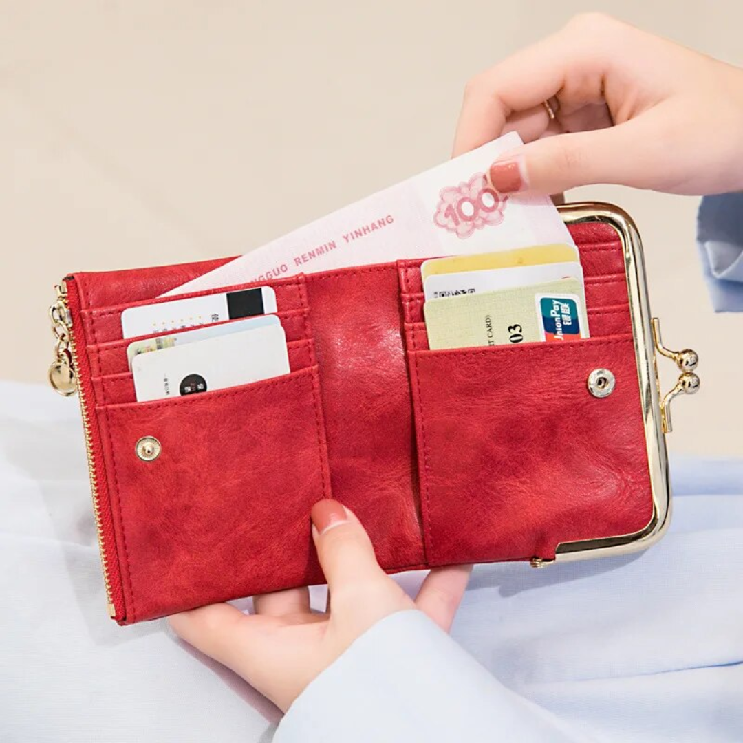 Compact Bifold Wallet Vintage Kiss Lock Closure Multiple Card Slots Zipper Coin Pocket
