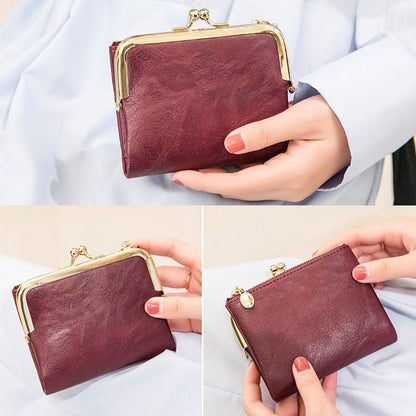 Compact Bifold Wallet Vintage Kiss Lock Closure Multiple Card Slots Zipper Coin Pocket