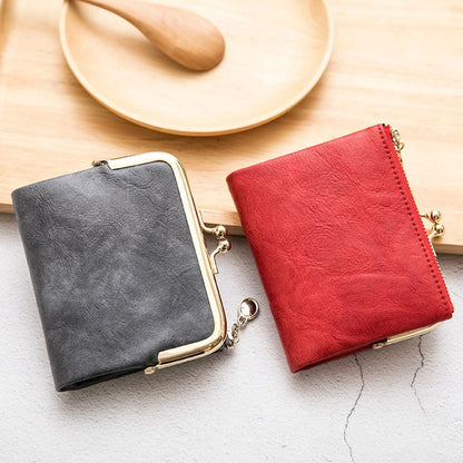 Compact Bifold Wallet Vintage Kiss Lock Closure Multiple Card Slots Zipper Coin Pocket