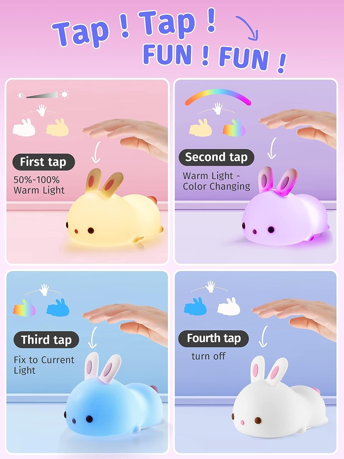 Cute Bunny Night Light for Kids Color Changing LED Touch Lamp Rechargeable
