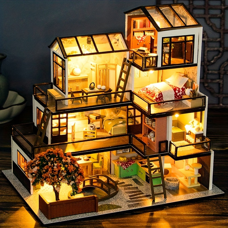DIY Miniature Dollhouse Kit with LED Lights Detailed Mini House Model Craft Building Kit for Adults and Teens