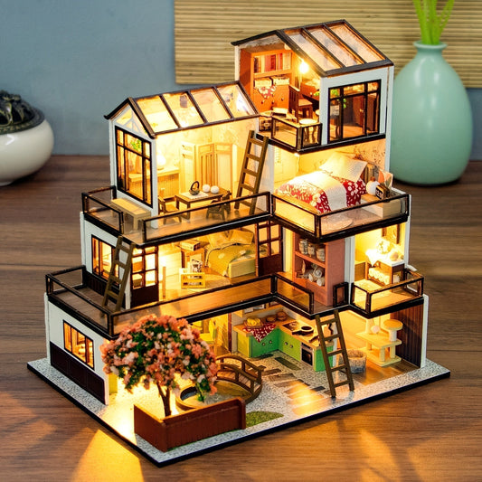 DIY Miniature Dollhouse Kit with LED Lights Detailed Mini House Model Craft Building Kit for Adults and Teens