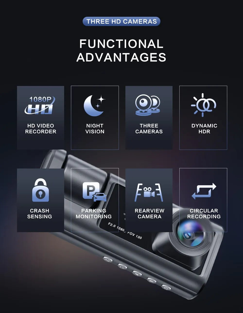 Dash Cam with IR Night Vision Dual Camera Full HD Car DVR