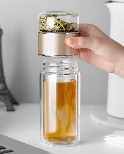Double Wall Glass Tea Infuser Bottle Borosilicate Large Capacity Leakproof Travel Tea Bottle