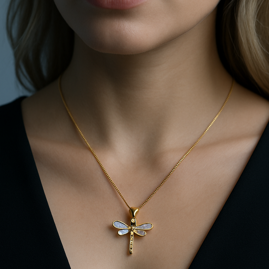 Dragonfly Pendant Necklace Opal Effect Gold Tone Frame