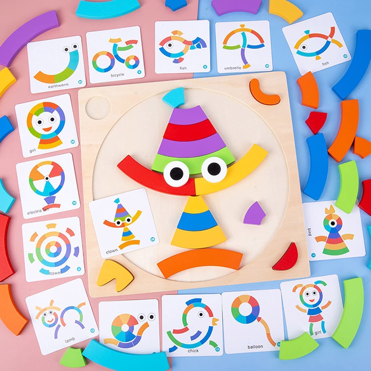 Educational Pattern Block Puzzle Set Matching Cards Creative Shape Learning Toy