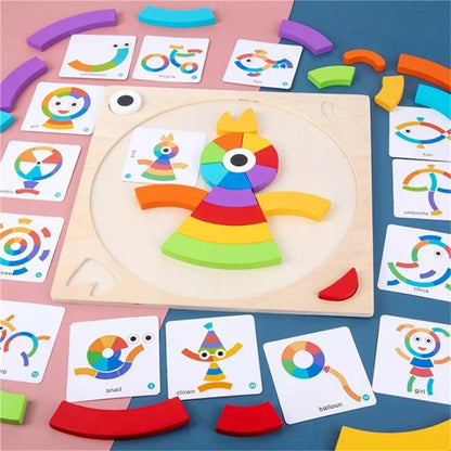 Educational Pattern Block Puzzle Set Matching Cards Creative Shape Learning Toy
