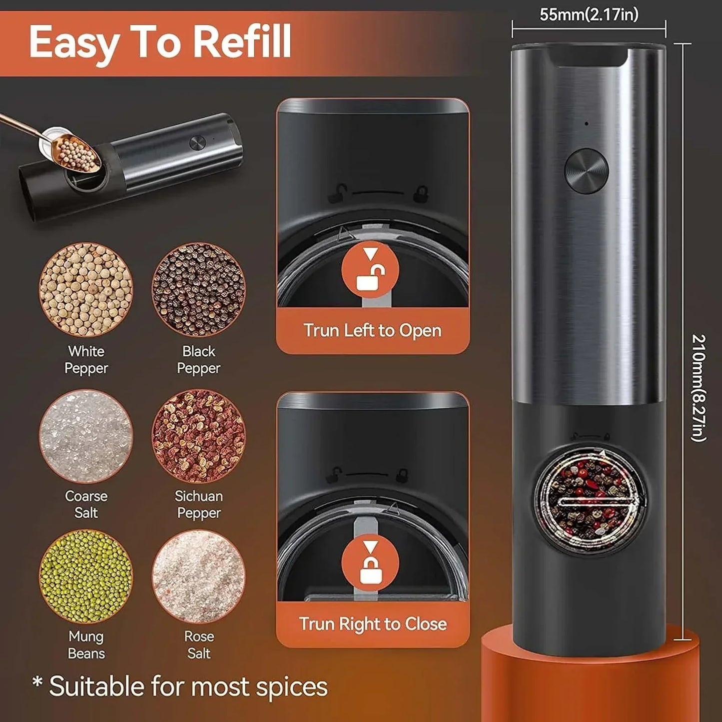 Electric Salt Pepper Grinder Rechargeable Stainless Steel Adjustable Mill