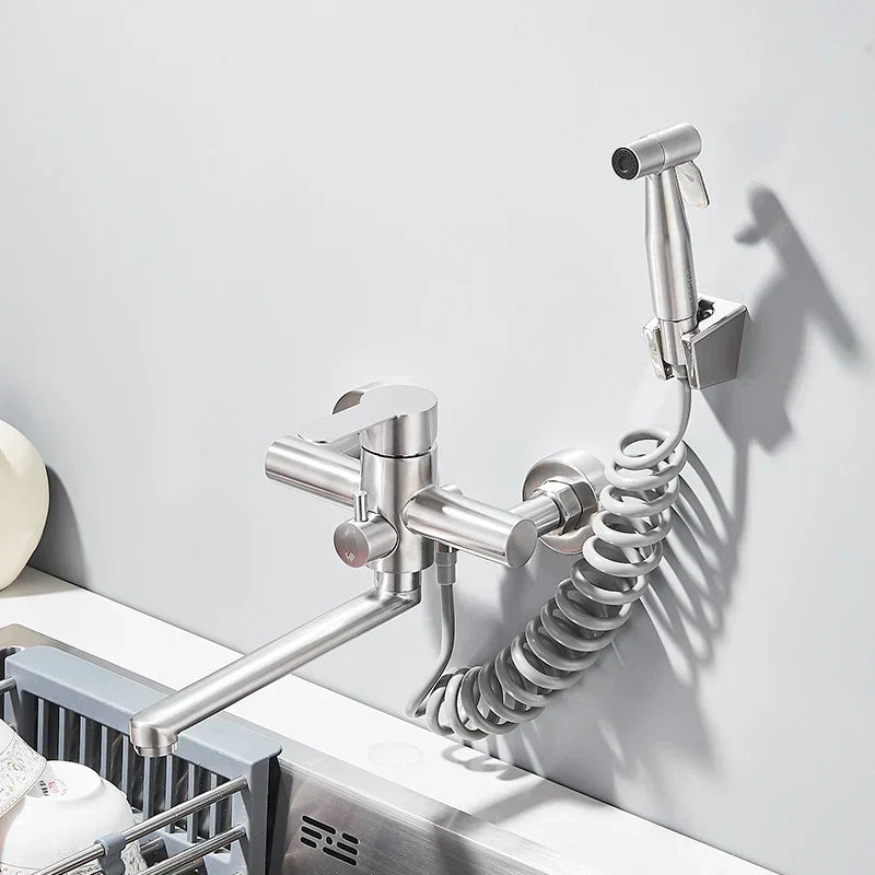 Elegant Dual Hole Wall Mounted Mixer Tap with 360 Degree Swivel Spray