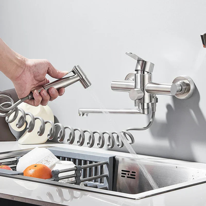 Elegant Dual Hole Wall Mounted Mixer Tap with 360 Degree Swivel Spray